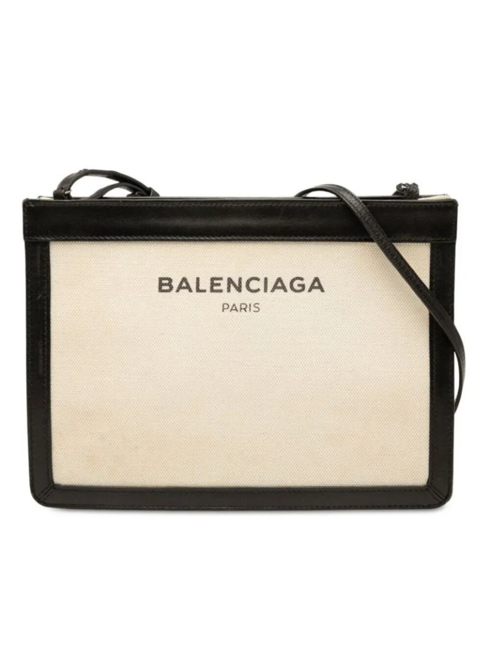 Balenciaga Navy Pochette Crossbody Shoulder Bag Beige Black Canvas Leather